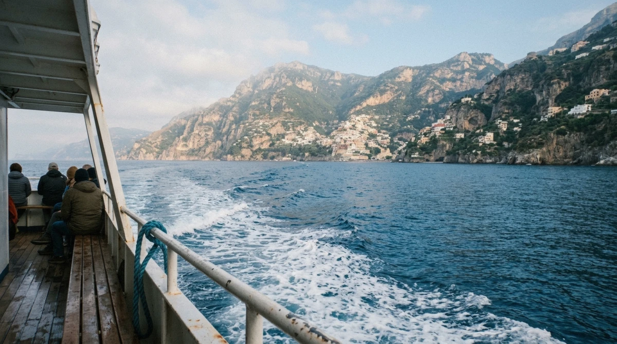 View from a ferry deck across bright blue sea toward a rugged Mediterranean coastline with pale villages