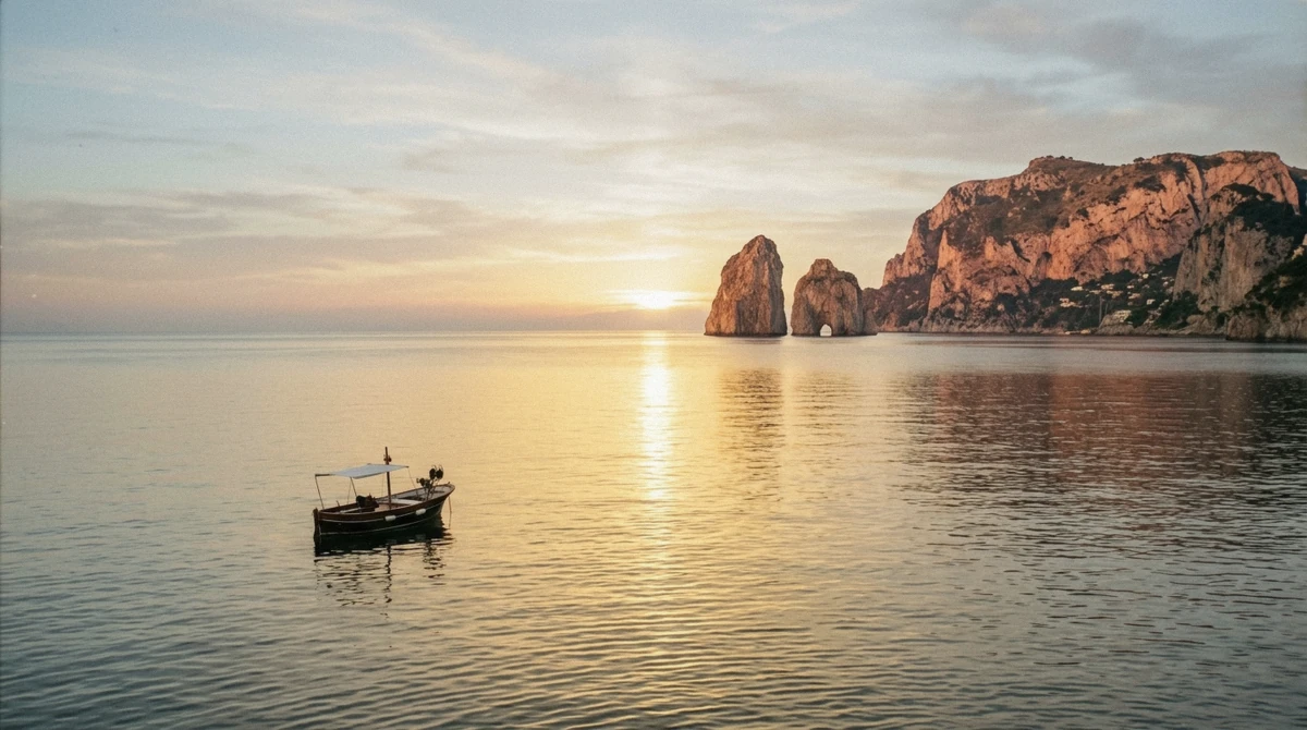 Glassy early morning Mediterranean sea with a lone small boat and long golden light across the water near Capri, Italy