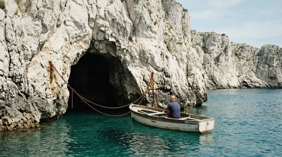 Small rowboat waiting at a low dark sea cave entrance in a white limestone cliff with chains strung from the rock