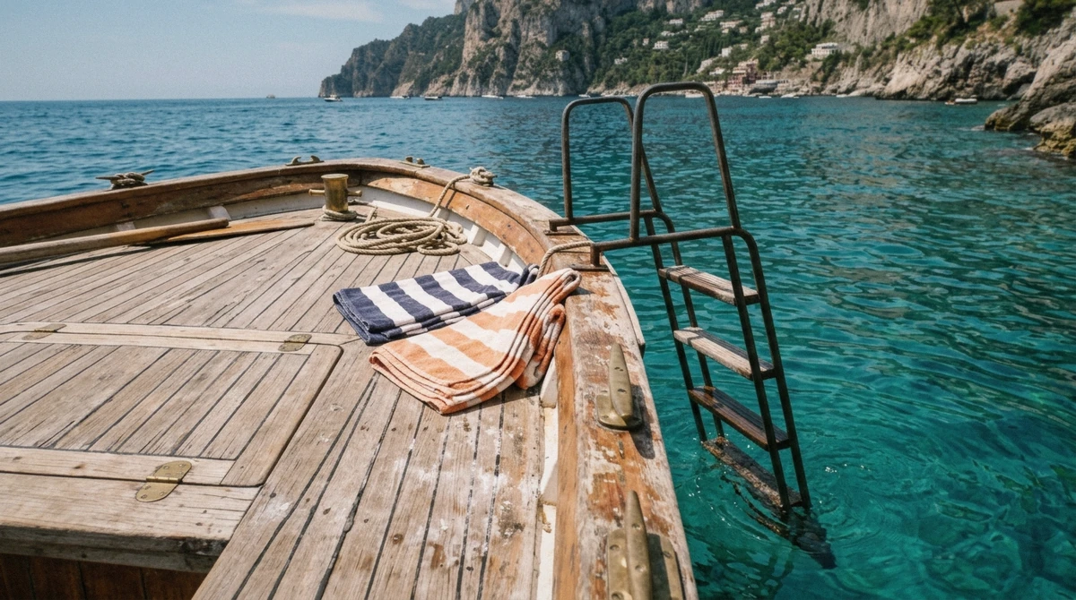 Wooden gozzo boat deck from above with folded beach towels and a swimming ladder touching clear turquoise water
