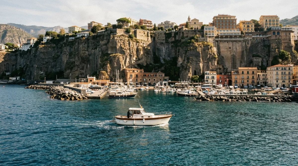 Small motorboat leaving a Mediterranean harbor below tall tuff cliffs at Sorrento's Marina Piccola