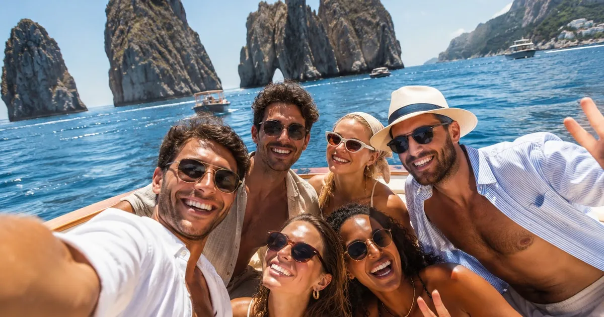 Tour boat with small group swimming off a hidden cove on a Caves Swim Snack and Limoncello boat tour in Capri, Italy
